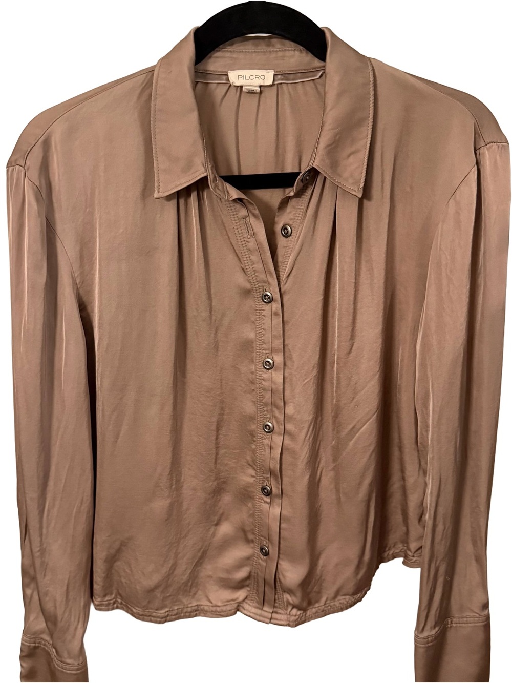 Pilcro Women’s Satin Cropped Button Down Blouse Tan/ Brown Sz XS EUC